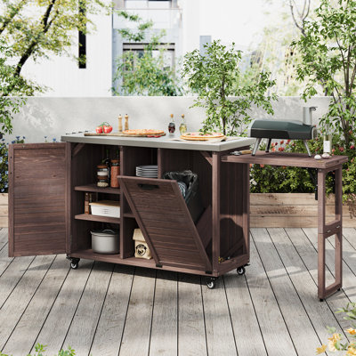 Chariot pour barbecue mobile avec table de salle à manger rétractable et poubelle inclinable cachée - Station de barbecue en bois avec plateau en acier inoxydable, tablettes de rangement et conception portable pour la pelouse, le jardin et le patio