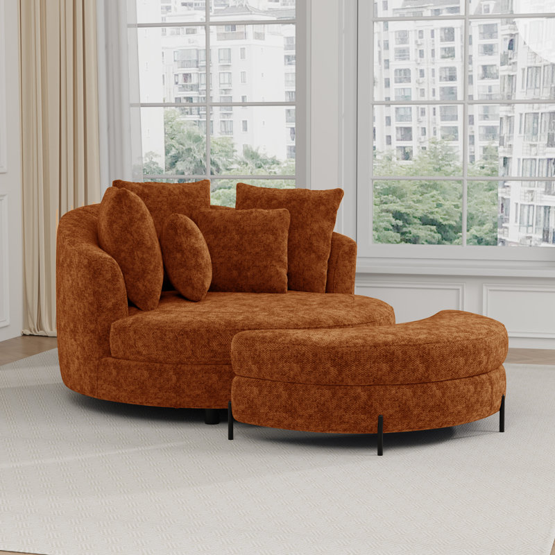 59.8" W Oversized Barrel Chair, Chenille Sofa Chair  With Ottoman And Pillows, Orange