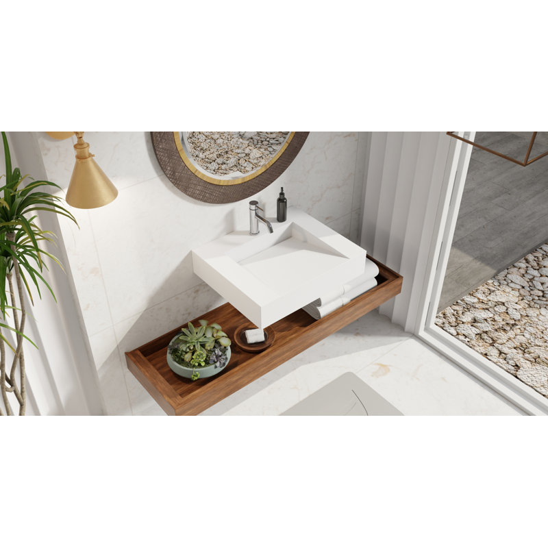 Lavabo de salle de bain mural carré en résine 23,6 po x 19,6 po Badeloft WT-04-E-M, Blanc mat