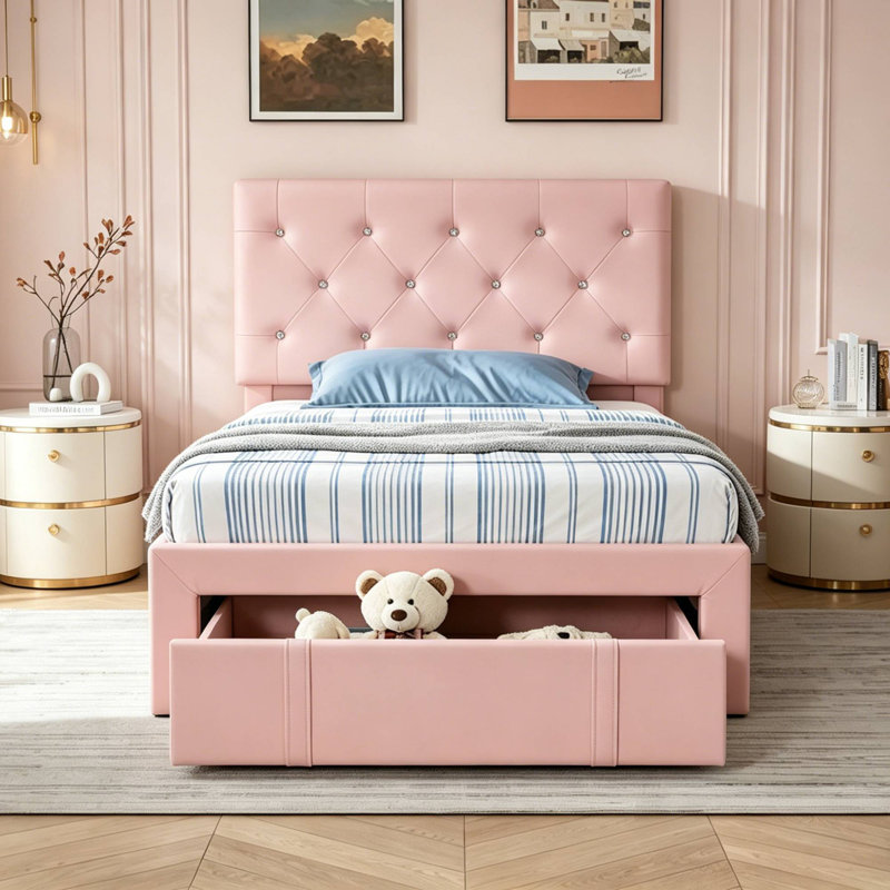 Modern PU Leather Storage Twin Size Bed Frame with Adjustable Tufted Headboard, Twin, Pink