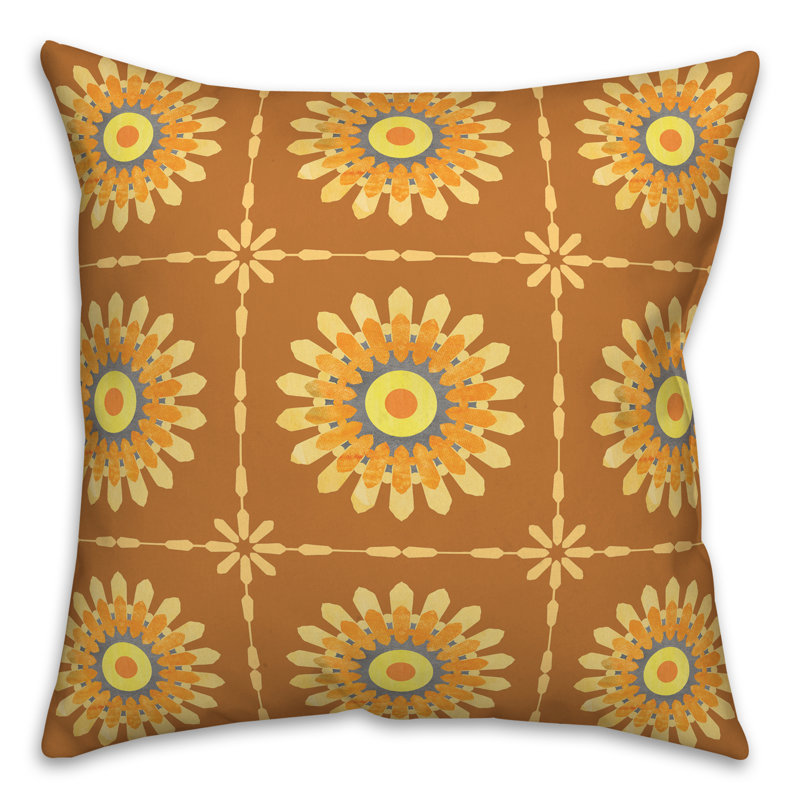 Orange Floral Polyester Square Throw Pillow