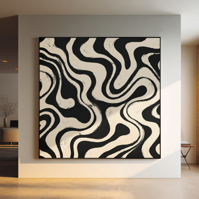 Très grand art mural imprimé sur toile - Motif de lignes ondulées abstraites noires et beiges, design minimaliste moderne pour le salon ou la chambre à coucher «Assemblage requis du cadre (cadre non fini)»