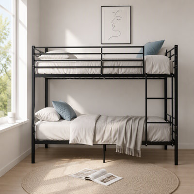 Lit superposé en métal, adapté aux enfants / adolescents / adultes. Barrières de sécurité de 14,17 pouces de hauteur. Lit simple avec 19 barres transversales et une capacité de poids de plus de 400 lb. Rangement sous le lit. Noir