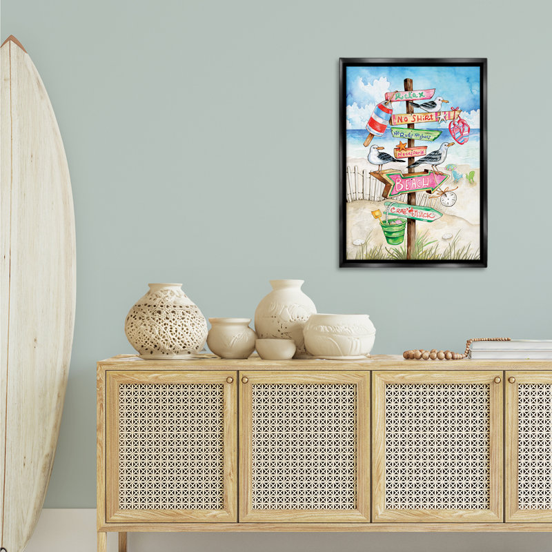 «Seaside Rules Signs», toile flottante encadrée par Ronnie Rooney, H 31 po x l 21 po, Cadre flottant métallique doré