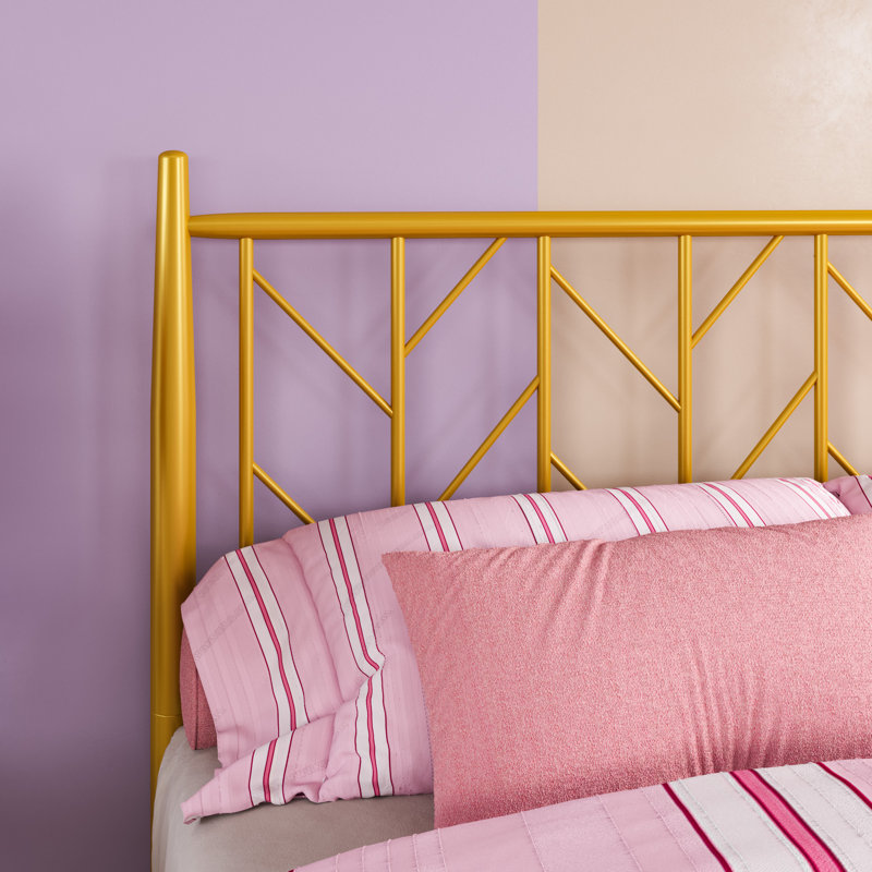 Rollingwood Vintage Low-profile Metal Bed Frame with Chevron-Inspired design Headboard, Gold, Queen