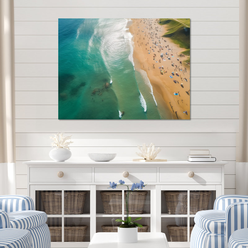 Vue aérienne de la plage côtière verte 2 - art mural plage et océan, Cadre flottant brun, H 16 po x l 32 po x P 1 po