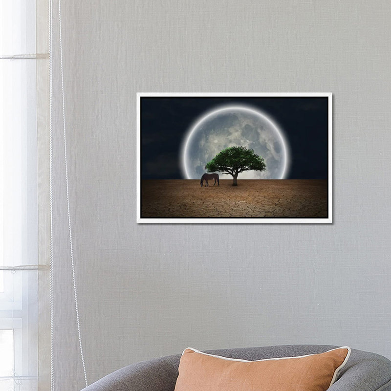 Surrealism Horse Grazes Near Green Tree In Arid Land Full Moon At The Horizon 1 Piece Wall Art on Canvas, White Framed