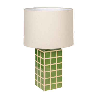 Zara Green Grid Stoneware Table Lamp with Linen Shade