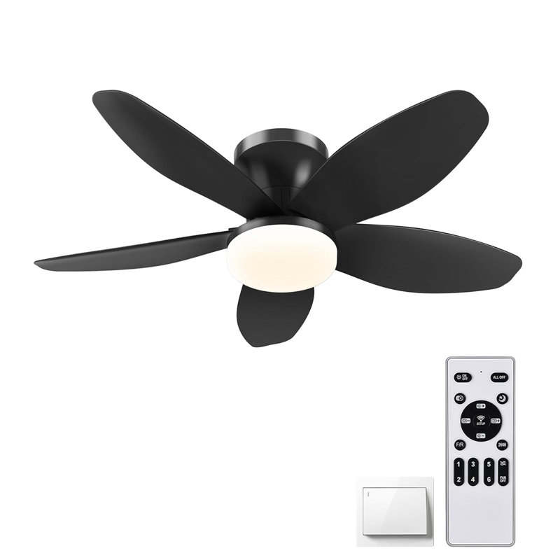 36" Ceiling Fans with Lights, Low-Profile Ceiling Fan with Light and Remote Control, Flush Mount, Reversible, Dimmable, Quiet, Black Ceiling Fan for Bedroom