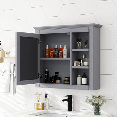 Armoire de salle de bain grise avec miroir - 30 po x 28 po, conception fonctionnelle, grand espace, rangement moderne