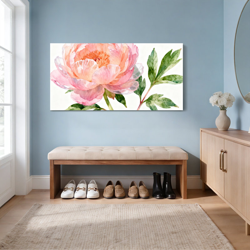 Ensemble de 1 tableau mural aquarelle de pivoine sur toile tendue, H 12 po x l 36 po
