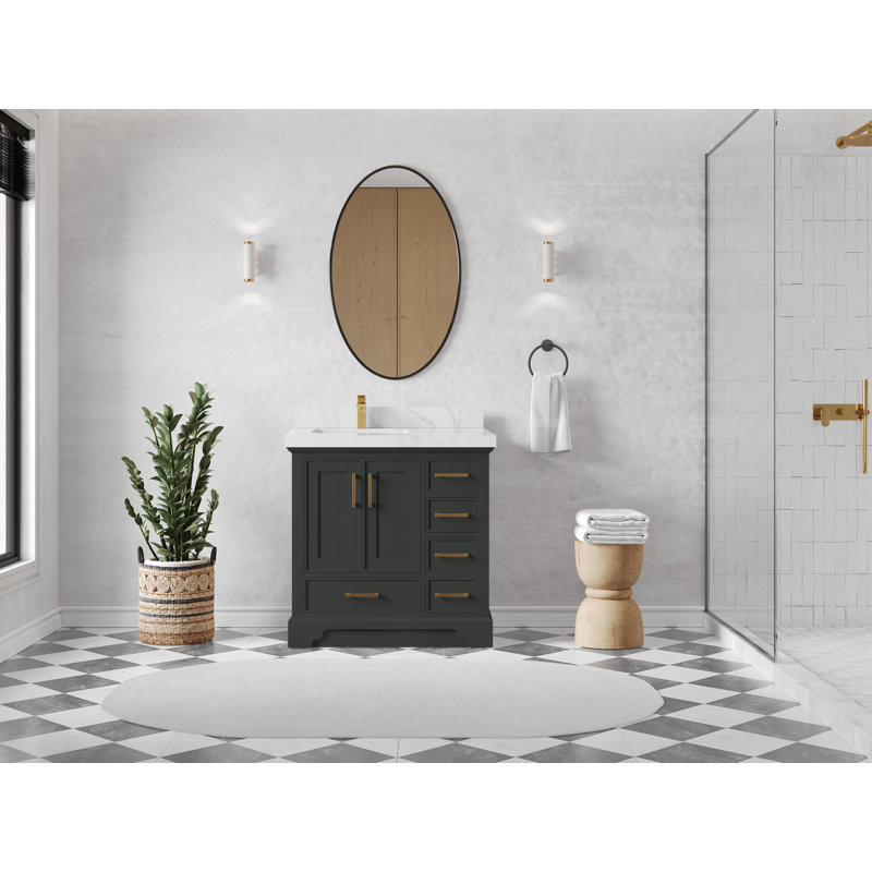 Meuble-lavabo simple 36 po avec comptoir en quartz Jimmi, Sienne Calacatta