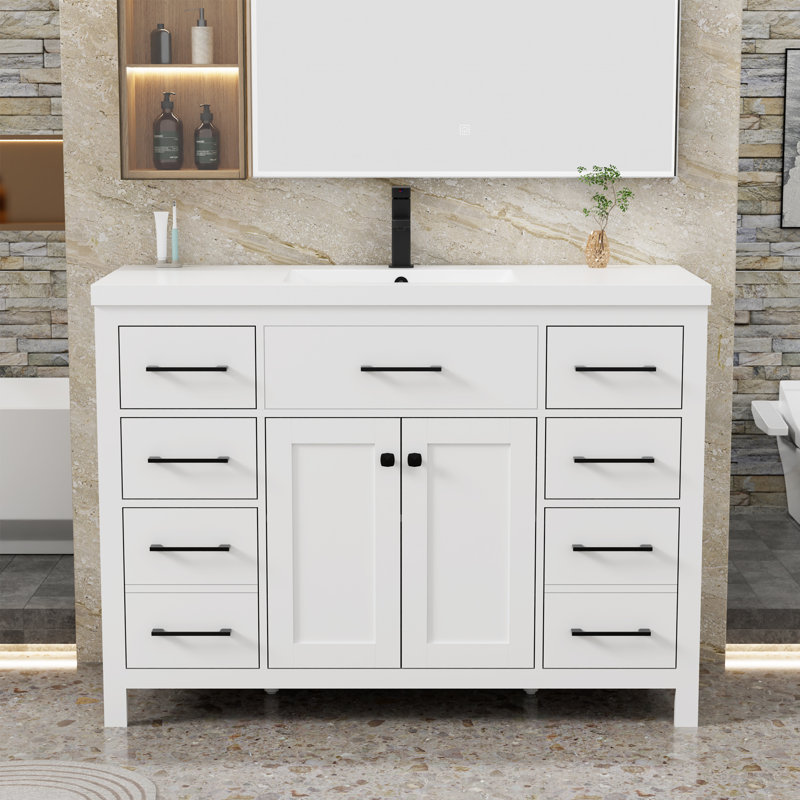 Manrique 48" Freestanding Single Bathroom Vanity With Resin Sink Top, Faucet And Drain, Assembly Required, White