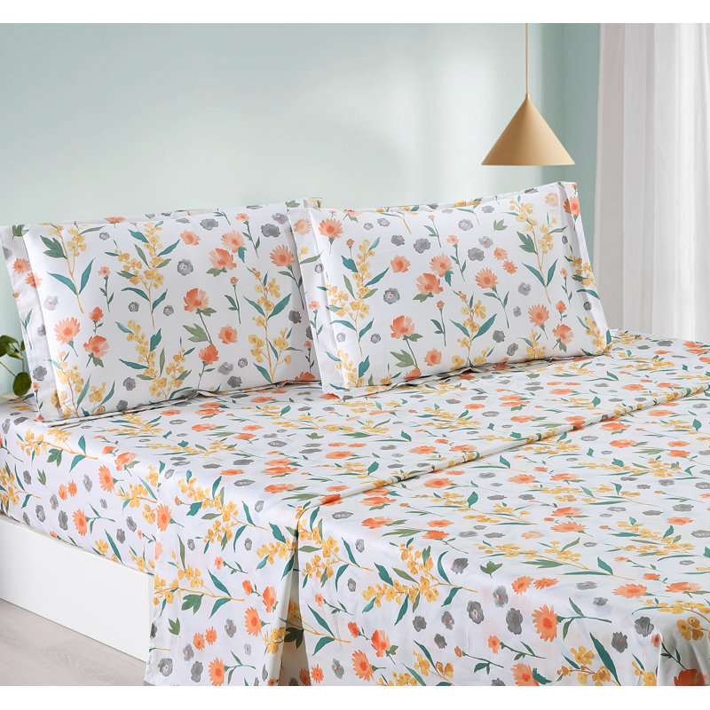 100% Cotton Twill Sheet Set, Queen Sheet Set + Fitted Sheet + 2 Pillowcases, Blue/Yellow/Orange Floral