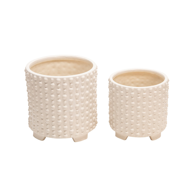 Set of 2 Ceramic Planters Indoor and Outdoor, Creamy Ivory/Beige, 8'' H x 8'' W x 8'' D