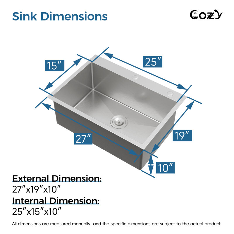 27" Single Bowl Stainless Steel Kitchen Sink Overmount Handmade Sink, Brushed Nickel