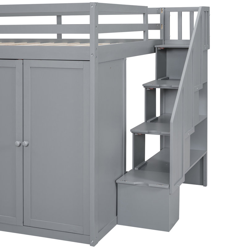 Lit mezzanine gris peu encombrant avec rangement intégré: armoires, armoires, tiroirs avec suffisamment de tiroirs et unités intégrées