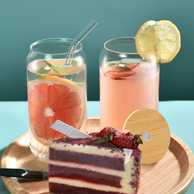 Drinking Glasses with Bamboo Lids and Glass Straw 2PCS Set