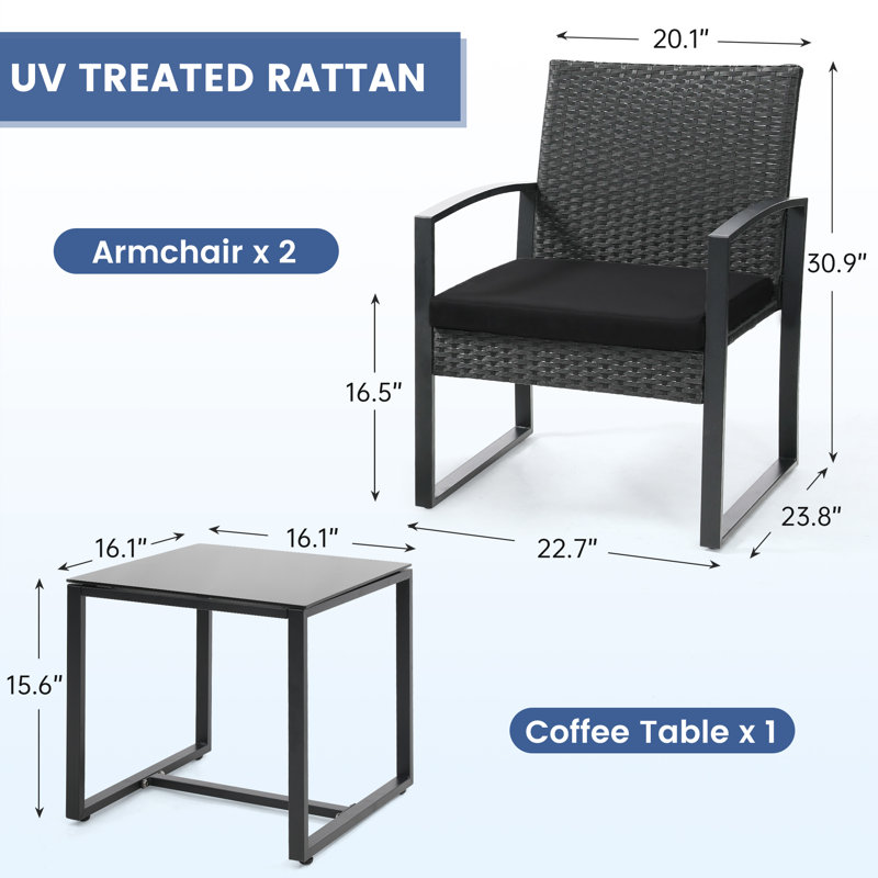 3 Piece Wicker Patio Bistro Set with Coffee Table, Outdoor Rattan Conversation Set for Balcony Porch Garden Yard Poolside