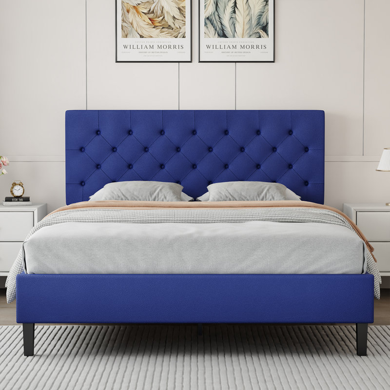 Structure de lit avec tête de lit, lit plateforme tapissier avec capitonnage à boutons Desigh, Bleu, Grand lit