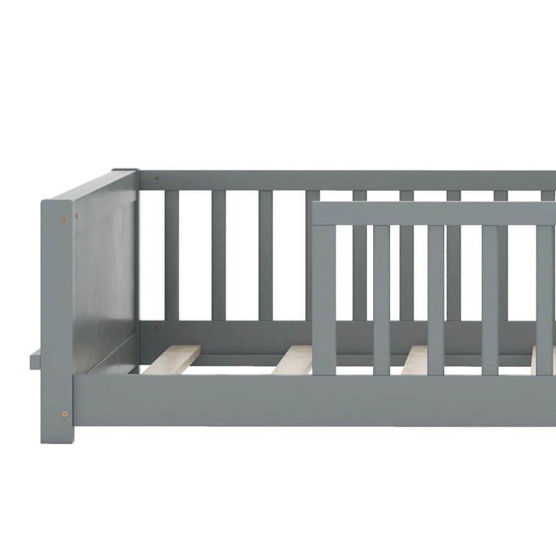 Newton Twin Size Floor Platform Bed With Built-In Book Storage Rack, Gray