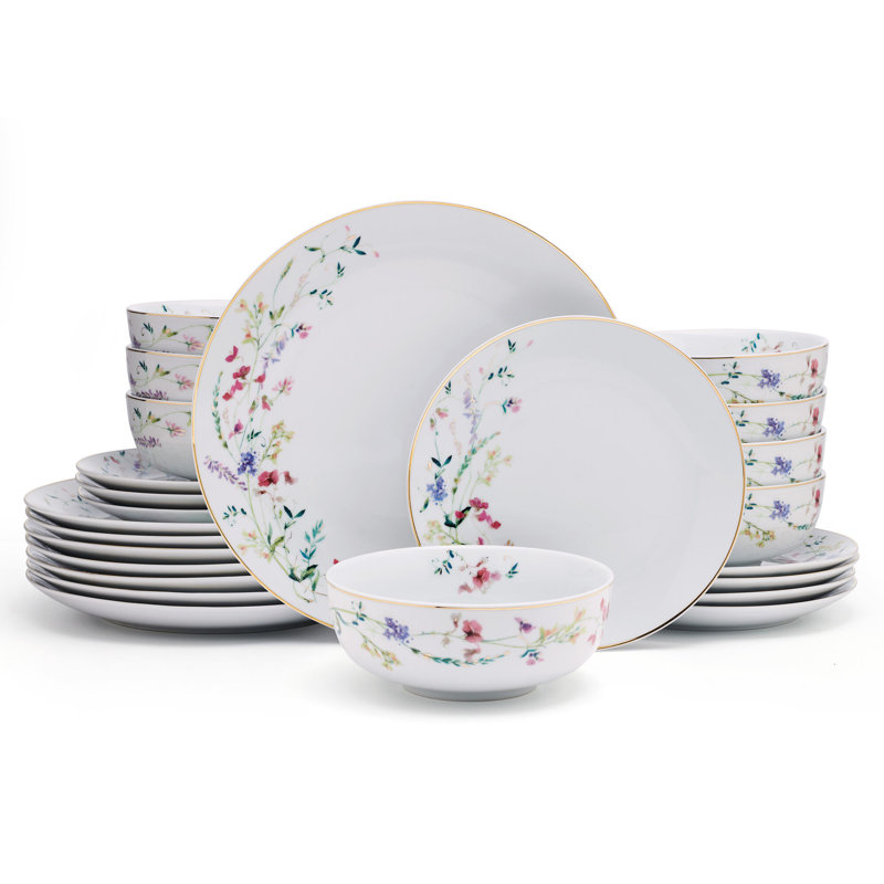 Kalina White Porcelain Floral 24-Piece Dinnerware Set