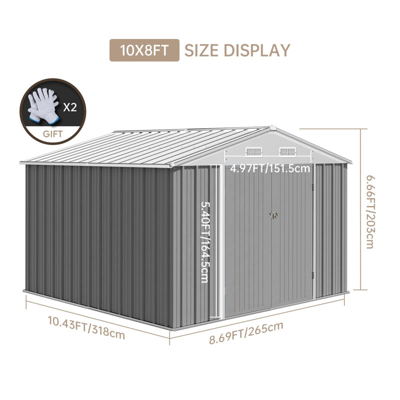 Galvanized Steel Horizontal Storage Shed, Gray, 79.92" H x 125.16" W x 104.28" D