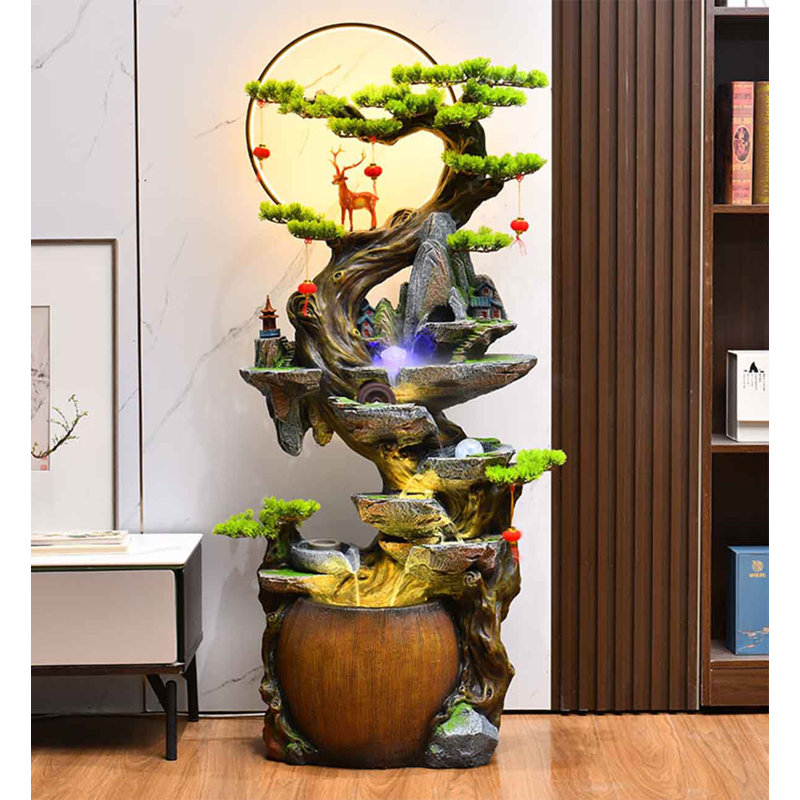 Fontaine de style chinois en résine de poudre de pierre, H 59,84 po x l 28,35 po x P 14,17 po