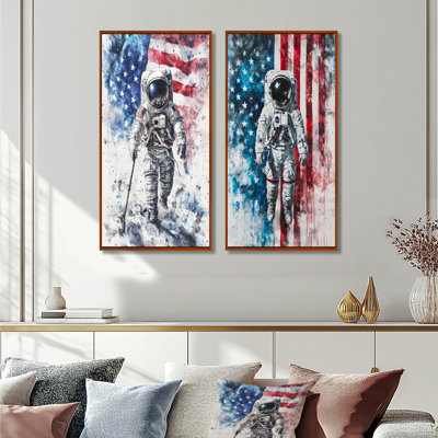 Premier astronault dans l'espace avec le drapeau américain I - Paysages, art mural 2 panneaux