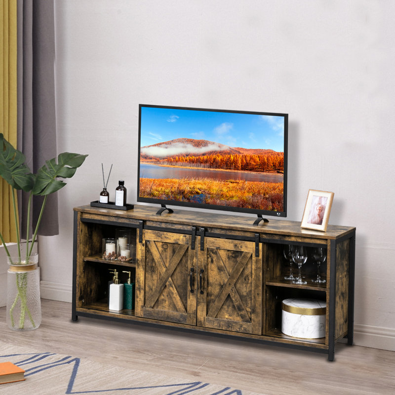 Brown TV Stand With Sliding Double Barn Doors And X-Panel Industrial Style Fits 55-Inch To 65-Inch Tvs