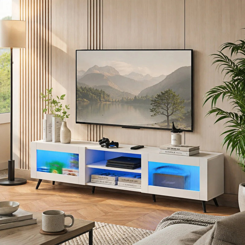 TV Stand with Storage and Cable Management, Media Unit for TVs up to 75", White