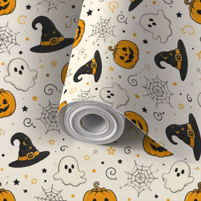 Rouleau de papier peint autocollant pour la famille et les locataires, Halloween, citrouille, fantôme, sorcière, chapeau