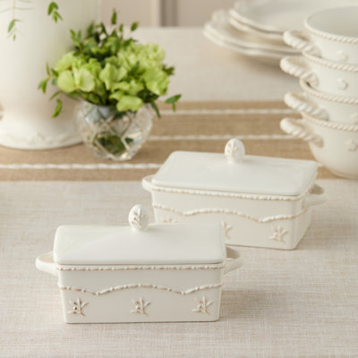 Heritage Set of 2 Rectangular Mini Bakers 8in 18oz – Lidded Antique Ivory Stoneware Casseroles with Embossed Botanical Detail – Individual Oven-to-Table Bakers for Lasagna & Pot Pies