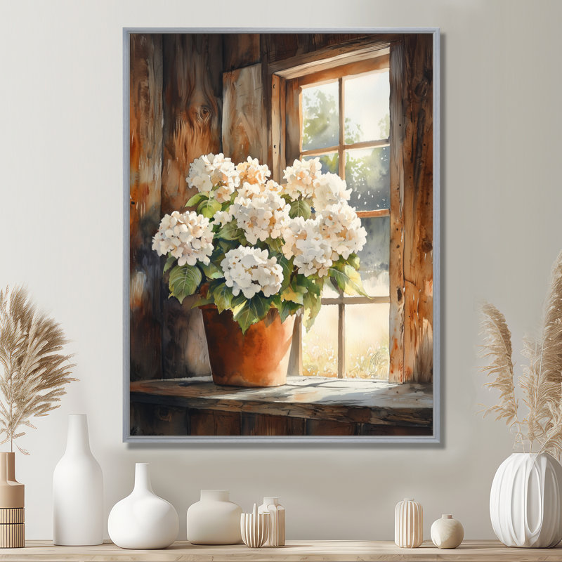 Hydrangeas in the Barnyard - Hydrangea, reproduction d'art sur toile, Argent argent, H 32 po x l 24 po