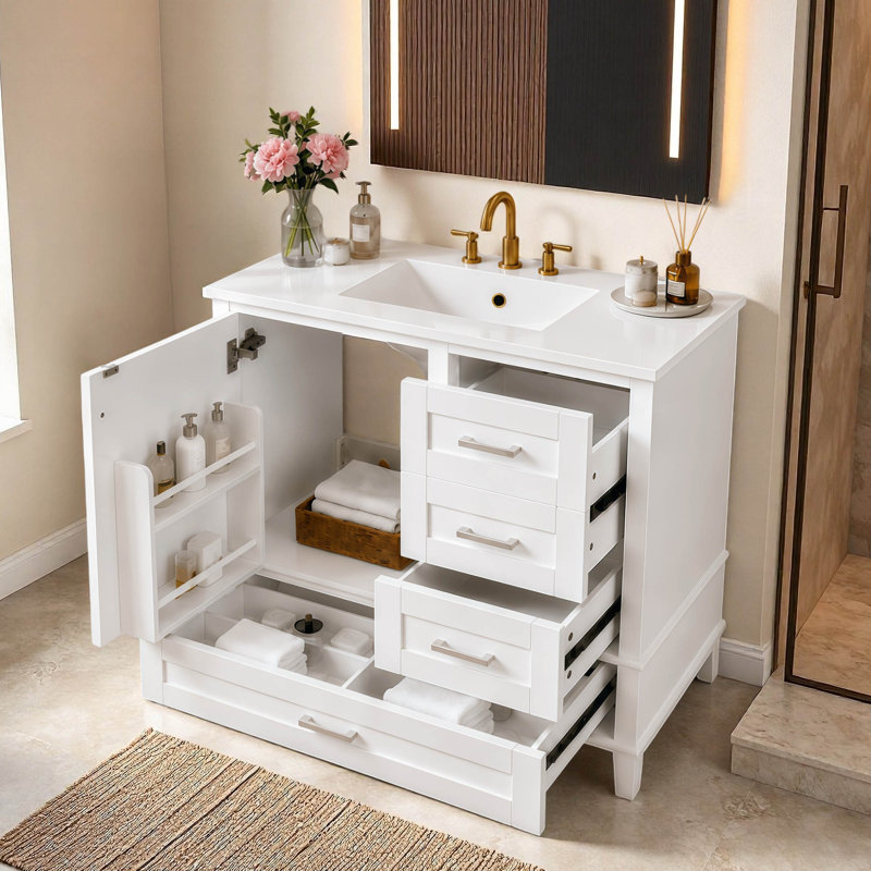 Meuble-lavabo simple 36 po avec plateau en céramique, Blanc