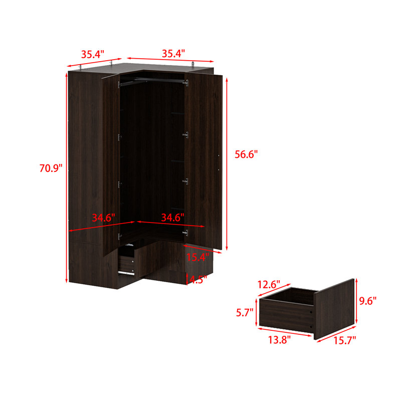 Modern Corner Wardrobe With Gold Handle And Spacious Storage - Contemporary Space-Saving Closet With Two Hanging Rods And Bottom Drawers