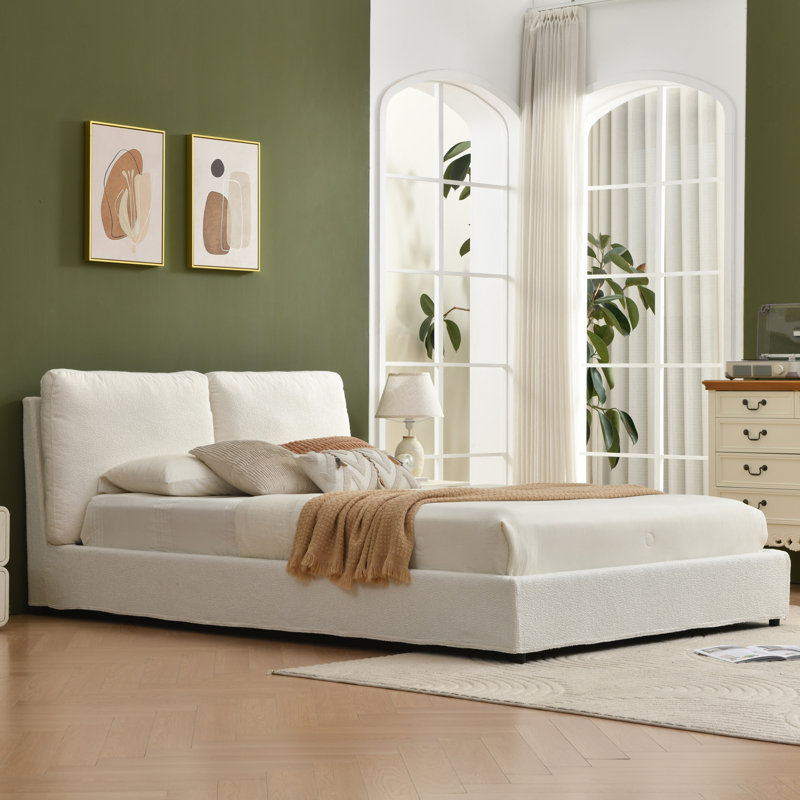 Lit plateforme tapissier avec deux têtes de lit rembourrées amovibles, Grand, Crème