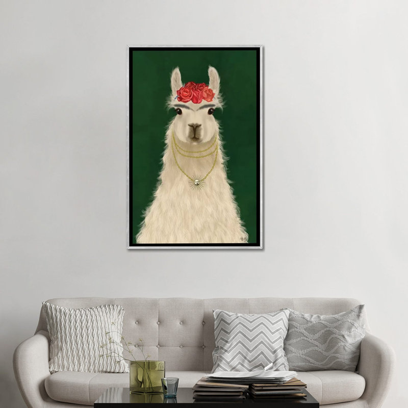 «Llama F» par Fab Funky - impression d'art graphique, Aucun mat, Toile avec cadre argenté, H 48 po x l 32 po x P 1,5 po