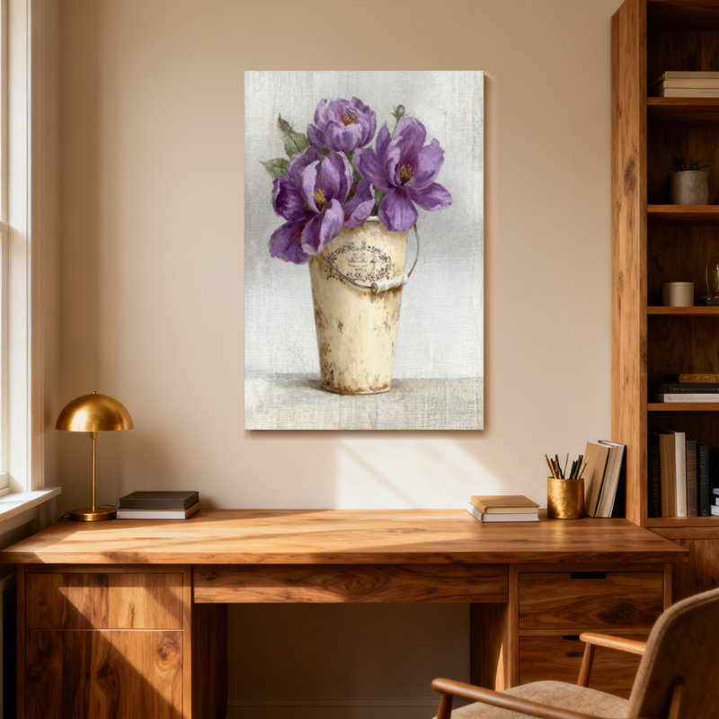 Plantes et fleurs fleurs mauves dans un seau rétro, H 18 po x l 12 po