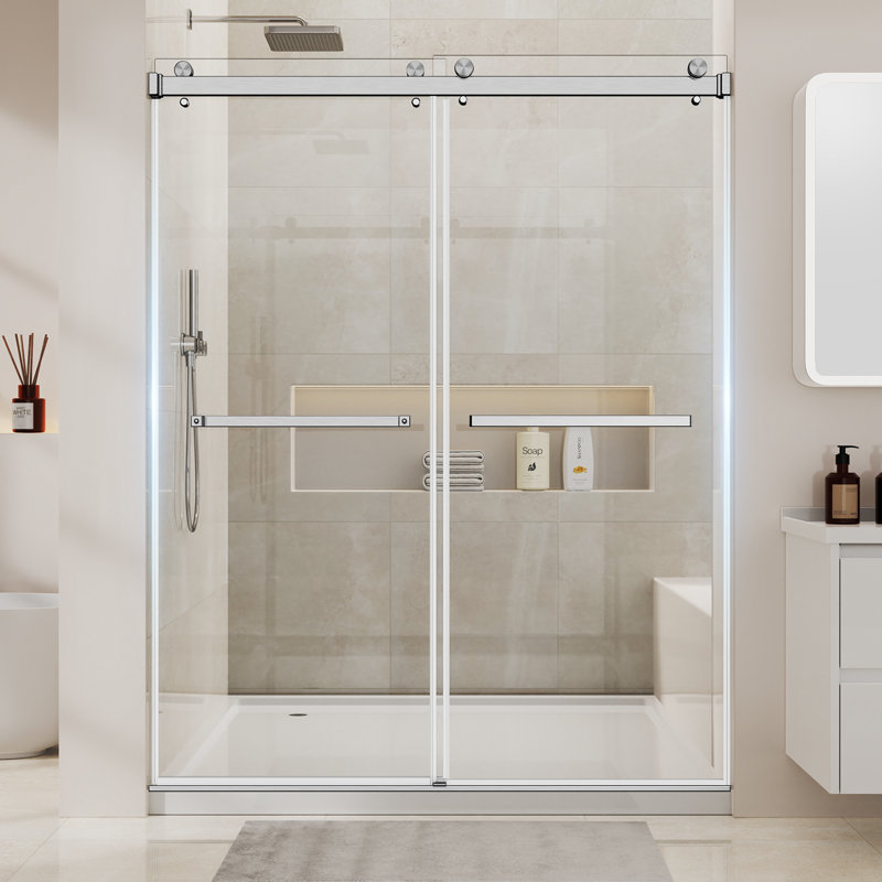 Porte de douche coulissante double sans cadre de 56 à 60 po x H 72 po avec verre trempé transparent de 1/4 po （6 mm avec film de protection en nickel