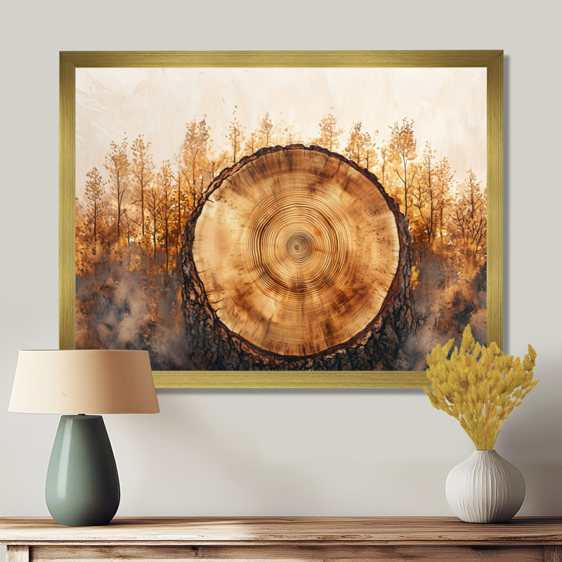 Glyniss Pine Trees on A Top of Wood Slide II - arbres, art mural pour le salon, H 12 po x l 20 po, Floater Framed, Doré