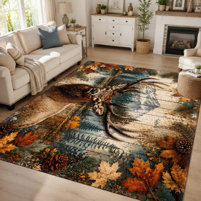 1Pcs Majestic Deer Forest Design - Rustic Wood Plank Print, Vibrant Autumn Leaves, Realistic Wildlife Art, Durable & Easy Care Area Rug, Non-Slip Backing, Perfect for Living Room, Bedroom, Den, and Cabin Decor for home detor