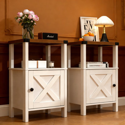 Set of 2 Farmhouse Nightstands, Sofa Side End Table with Storage, Wood Bedside Table with Barn Door for Bedroom Living Room Rustic Vintage White by Ophelia & Co.