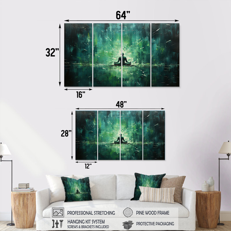 «Green Yoga Bliss II», art mural sur toile 4 pièces, H 28 po x l 48 po