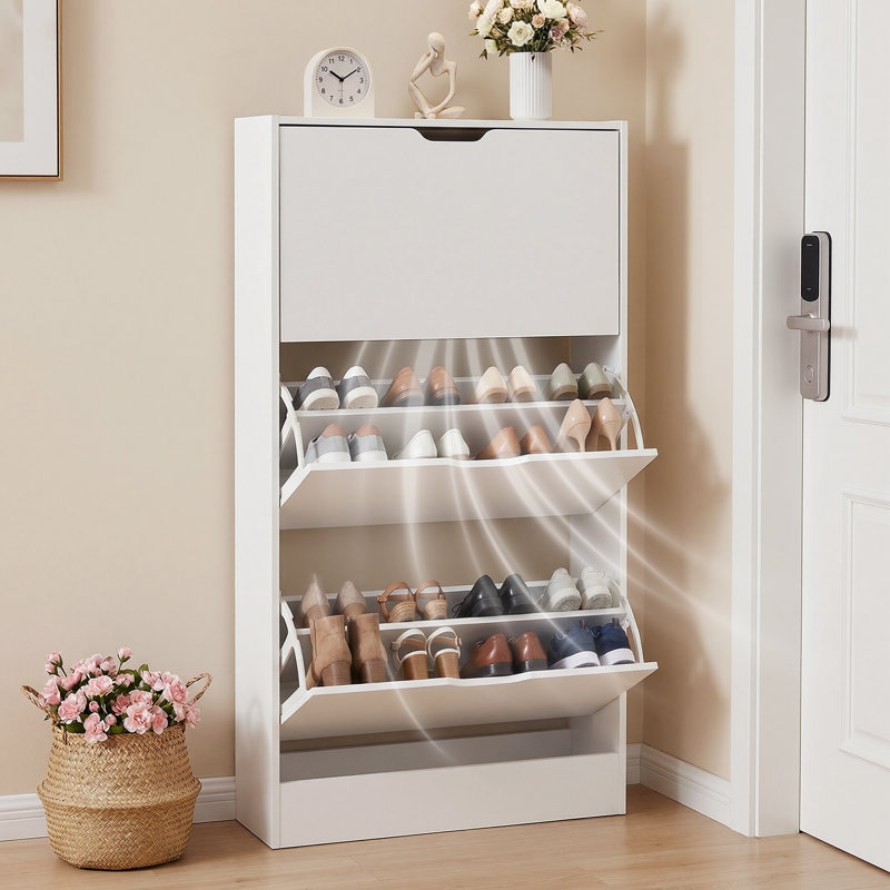 3-Tier Shoe Storage Cabinet with Flip Drawers, 18 Pair Free Standing Shoe Organizer 23.6''W for Entryway, White