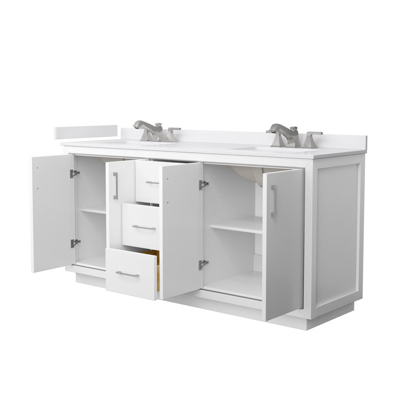 Icon 72" Freestanding Double Bathroom Vanity with Cultured Marble Top, White, Brushed Nickel, 66"