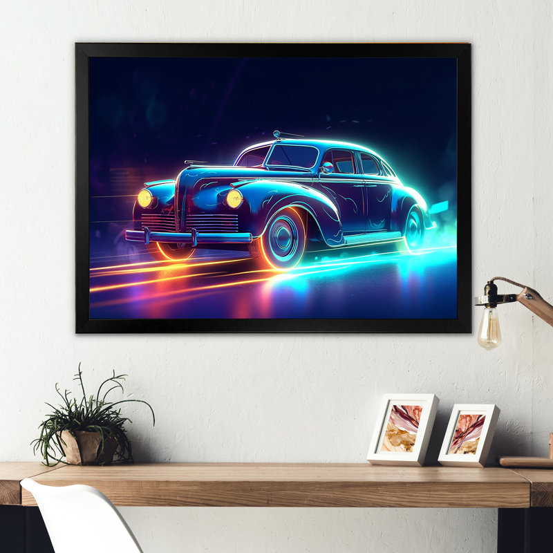 «Neon Light Strips Around Indigo Vintage Car», art mural sur toile rétro, H 30 po x l 40 po x P 1,5 po, Cadre simple noir