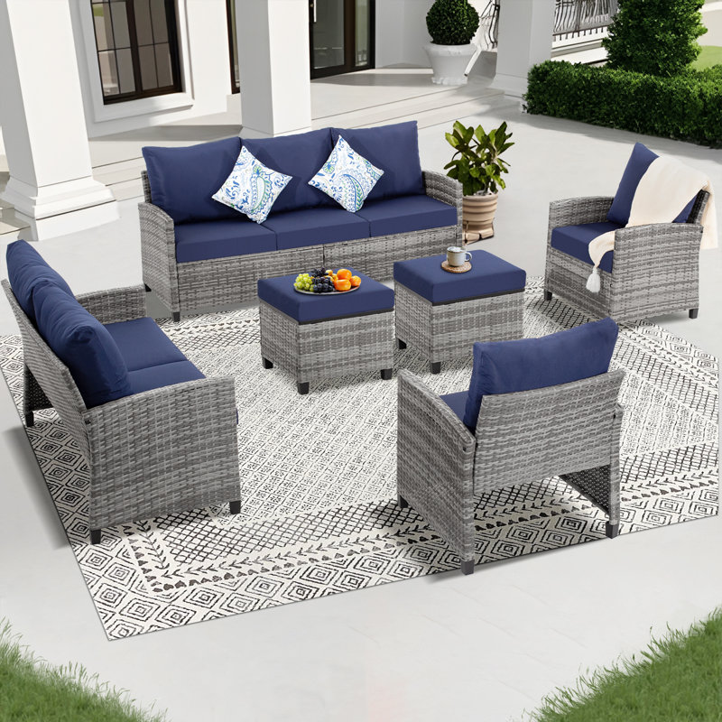Ensemble de conversation avec canapé et coussins 6 pièces, Bleu