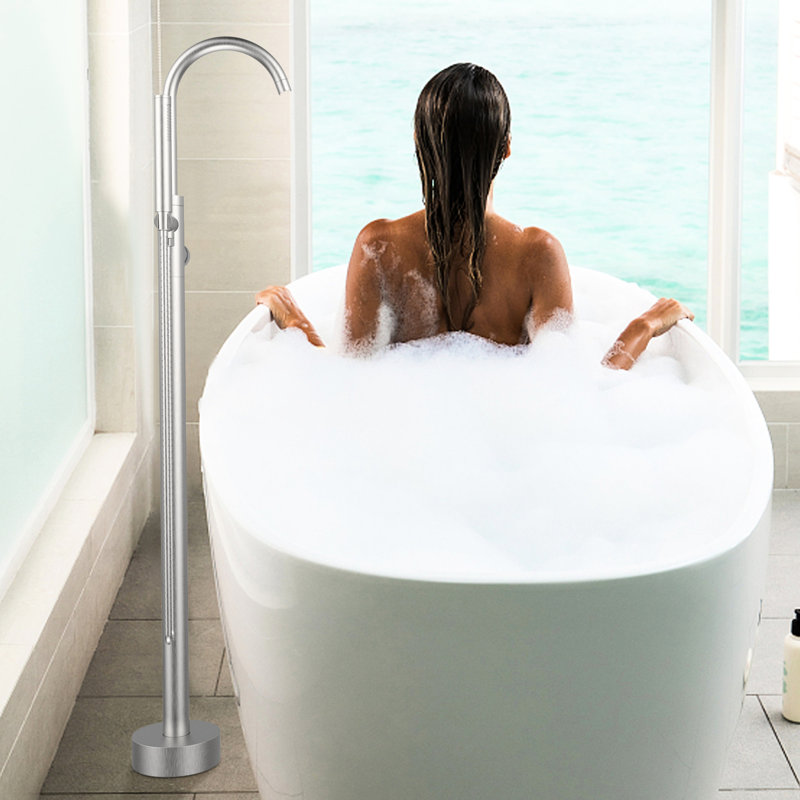Robinet de baignoire autoportant et douche à main - Acier inoxydable et laiton, fixation au sol, noir mat, débit élevé, bec rotatif à 360 °, baignoire sur pied avec finition brossée à main, solide