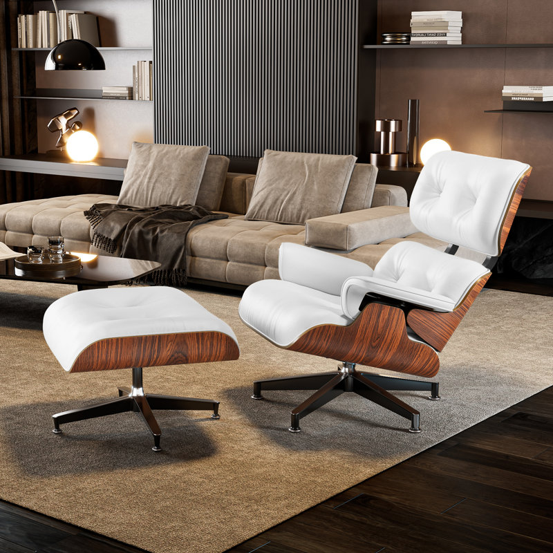 Mid Century Genuine Leather Lounge Chair With Ottoman, Solid Wood Frame, Strong Aluminum Legs, Memory Foam, White/Rose Walnut